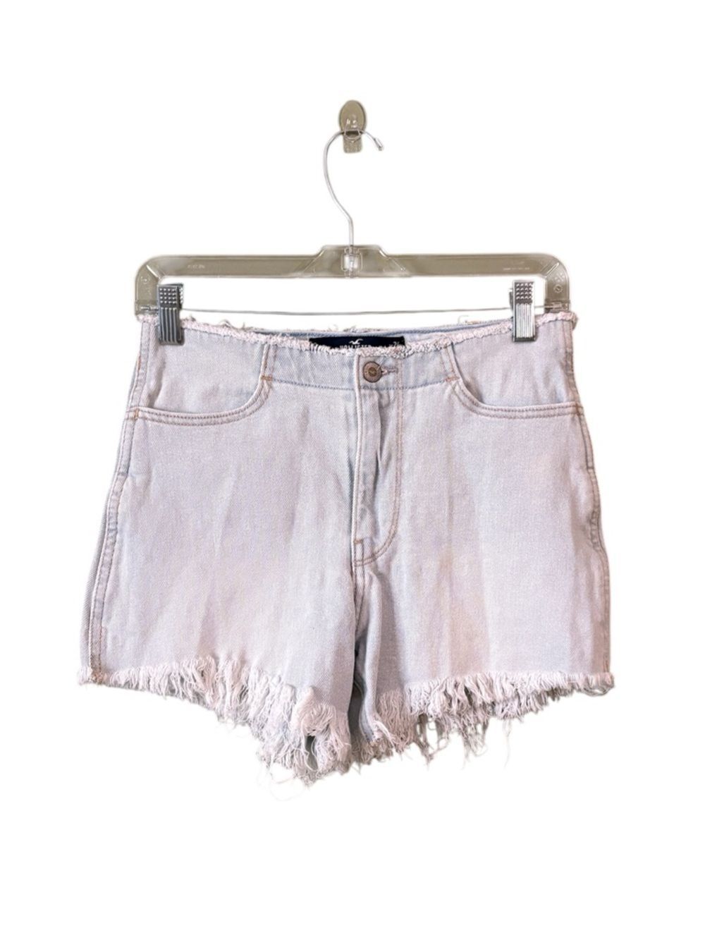 Hollister Light Wash Denim Jean Shorts High Waist Fringe Raw Hem Sz 0/24